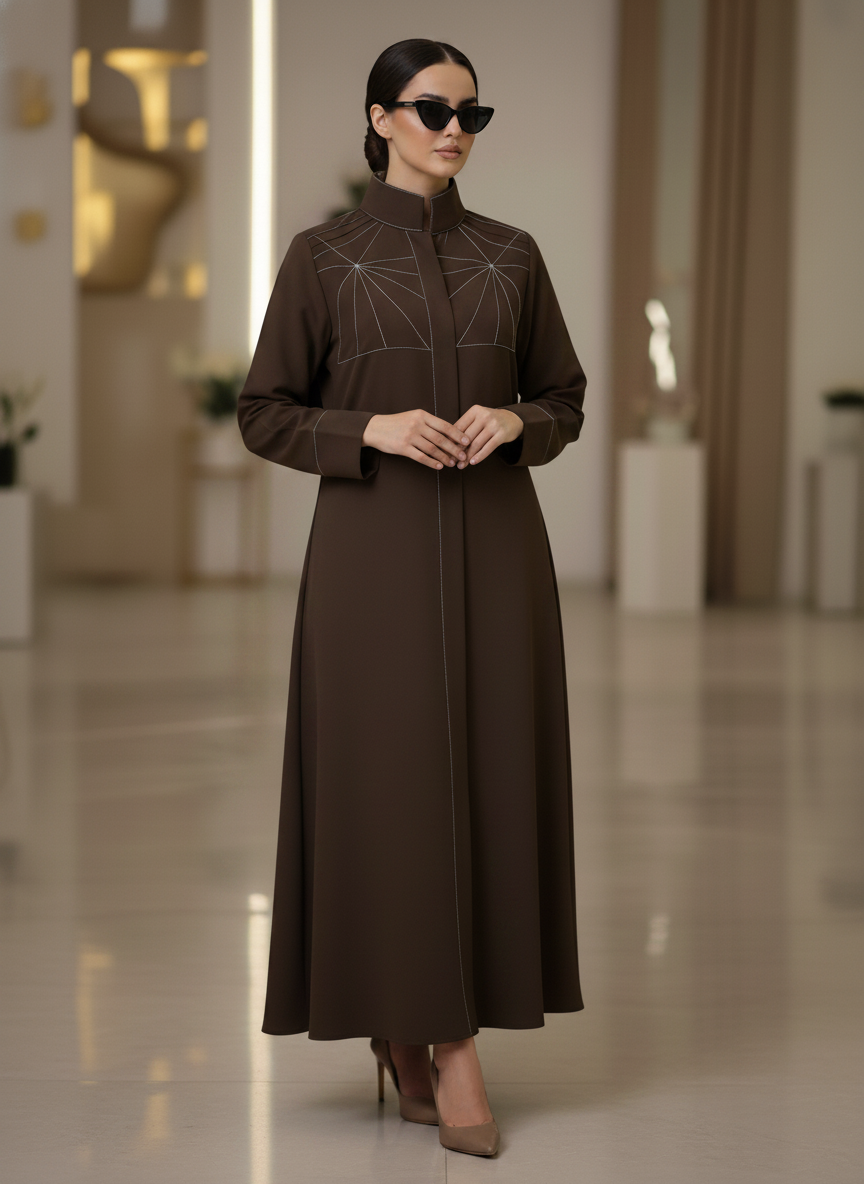 Bold And Modern Brown Cobra Crepe Abaya Mandarin Collar Edition