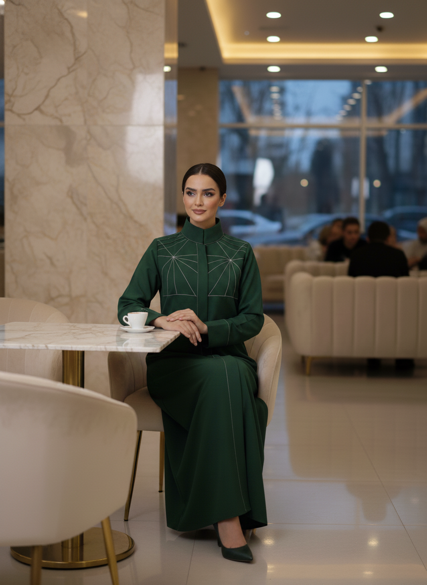 Bold And Modern Green Cobra Crepe Abaya Mandarin Collar Edition