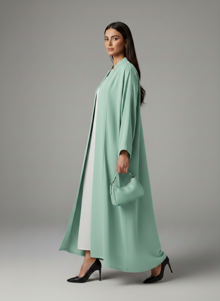 Signature Korean Nida Sage Green Open Abaya Minimalist High-Neck Design