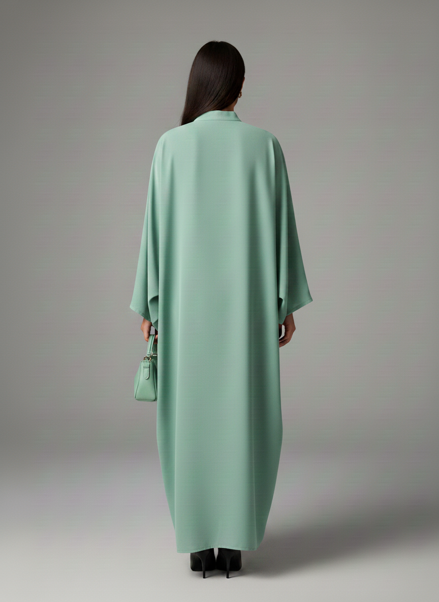 Signature Korean Nida Sage Green Open Abaya Minimalist High-Neck Design