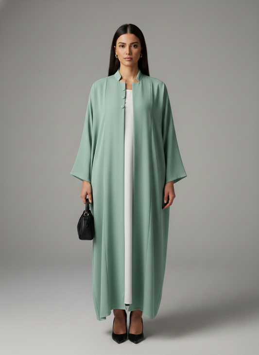 Signature Korean Nida Sage Green Open Abaya Minimalist High-Neck Design
