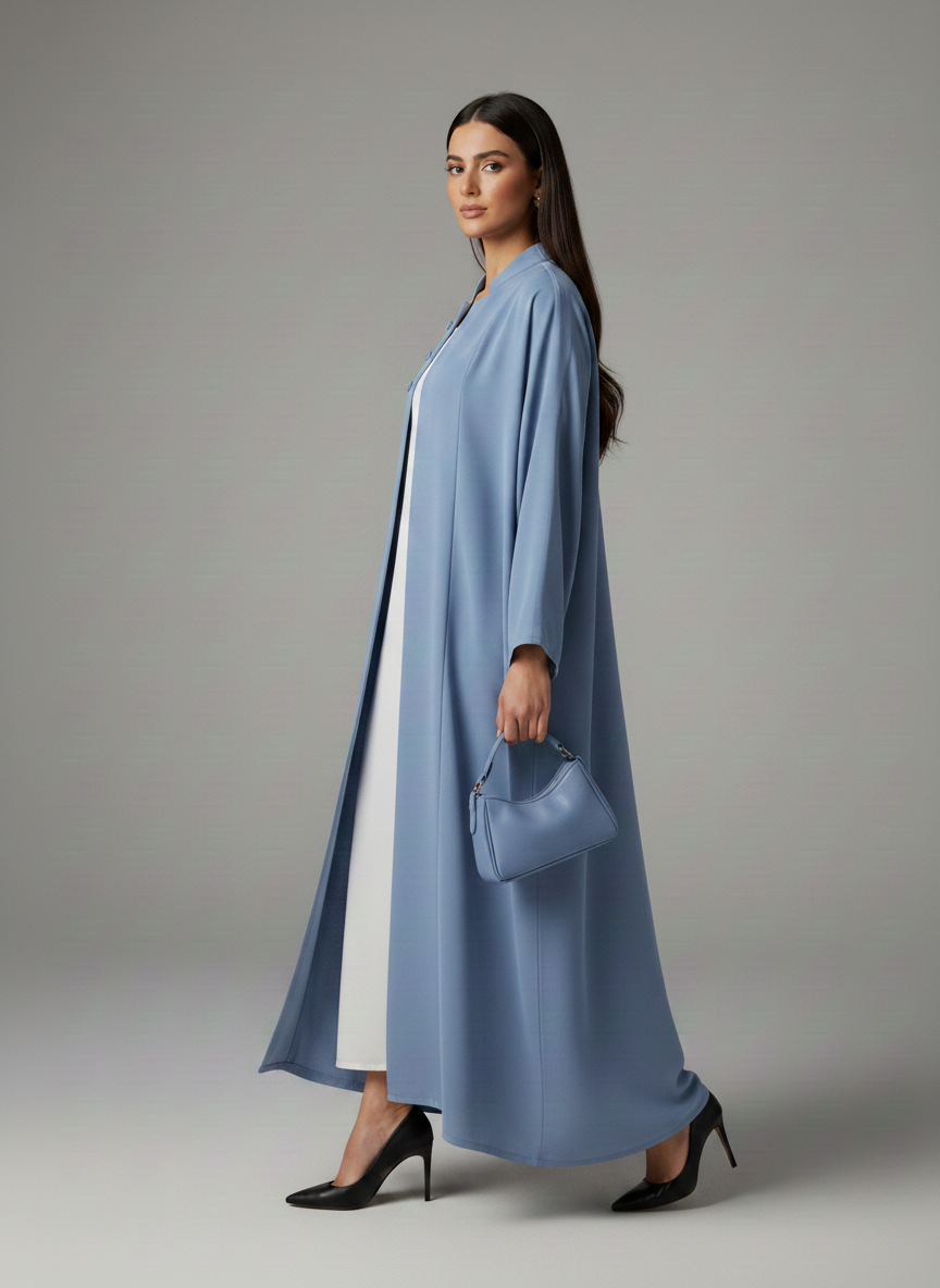 Signature Korean Nida Dusty Blue Open Abaya Minimalist High-Neck Design