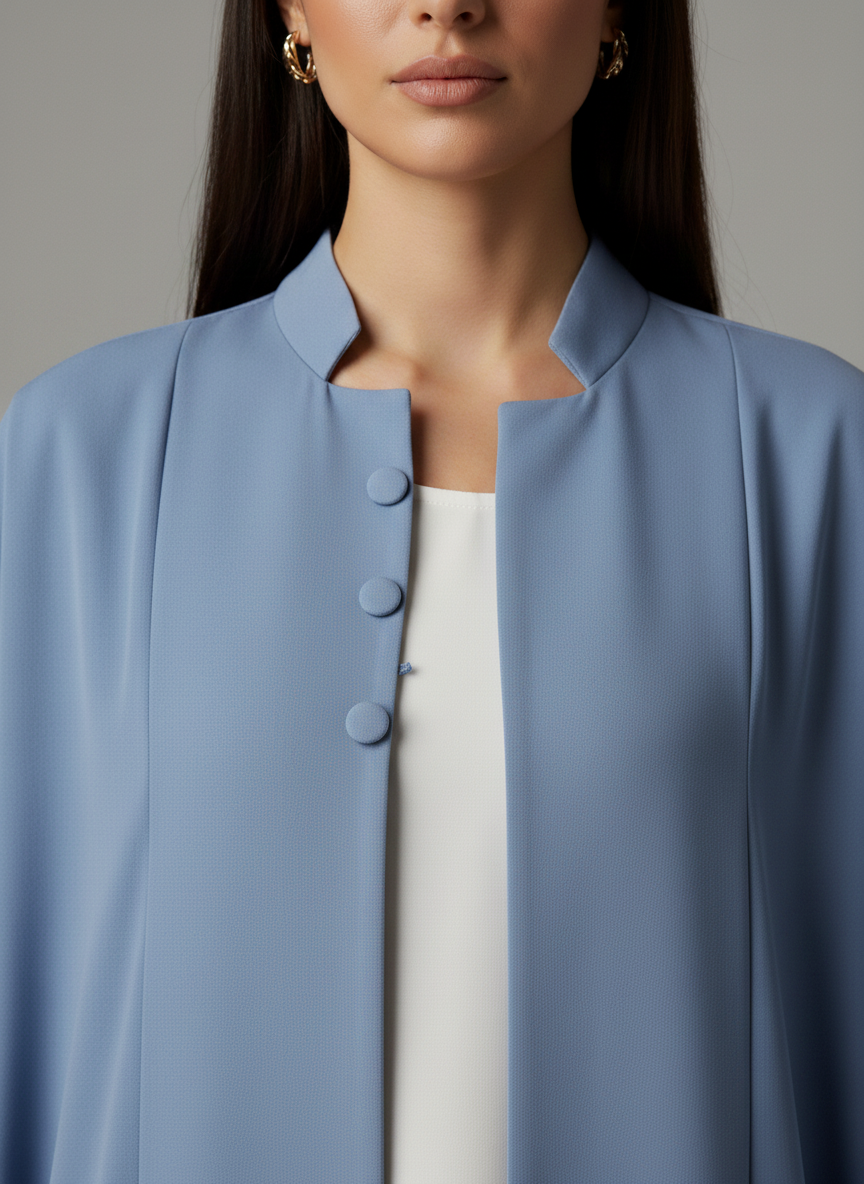 Signature Korean Nida Dusty Blue Open Abaya Minimalist High-Neck Design