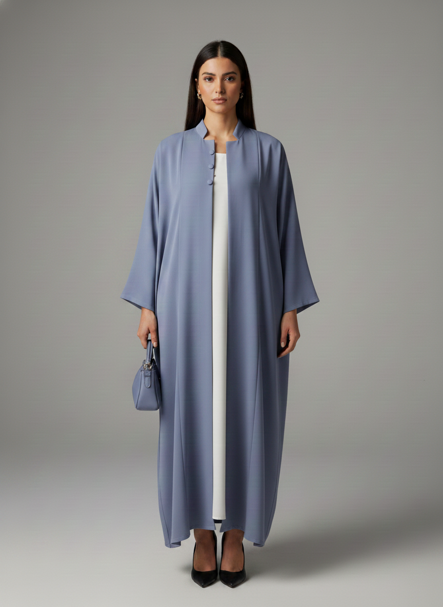 Signature Korean Nida Dusty Blue Open Abaya Minimalist High-Neck Design