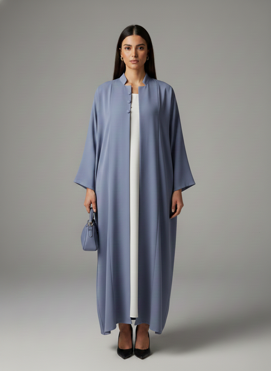 Signature Korean Nida Dusty Blue Open Abaya Minimalist High-Neck Design
