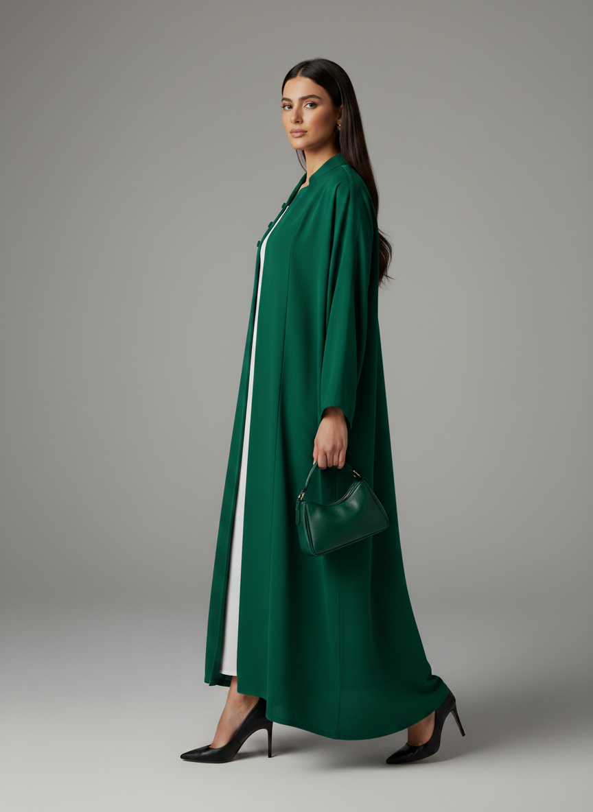 Signature Korean Nida Forest Green Open Abaya Minimalist High-Neck Design