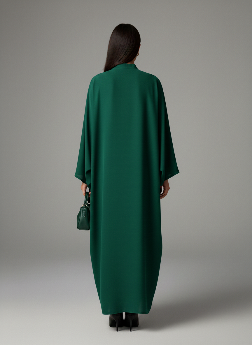 Signature Korean Nida Forest Green Open Abaya Minimalist High-Neck Design