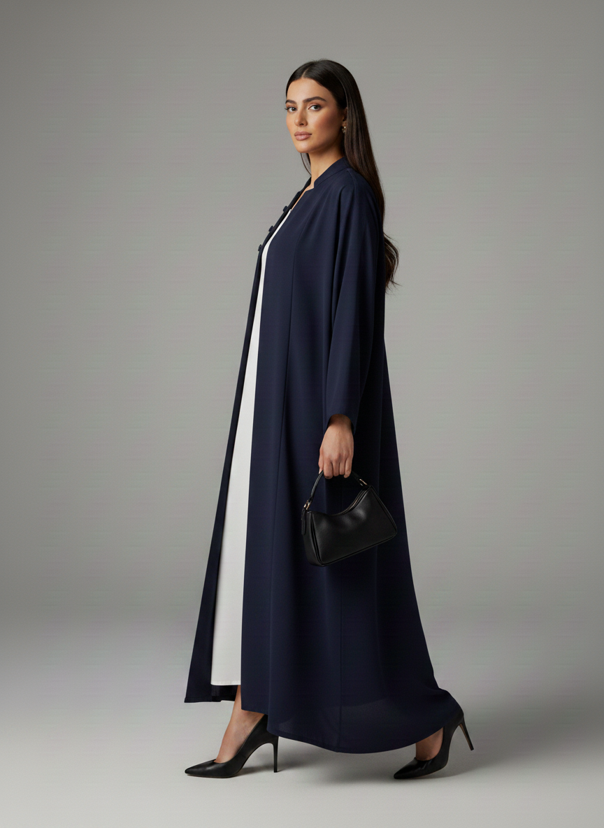 Signature Korean Nida Blue Open Abaya Minimalist High-Neck Design