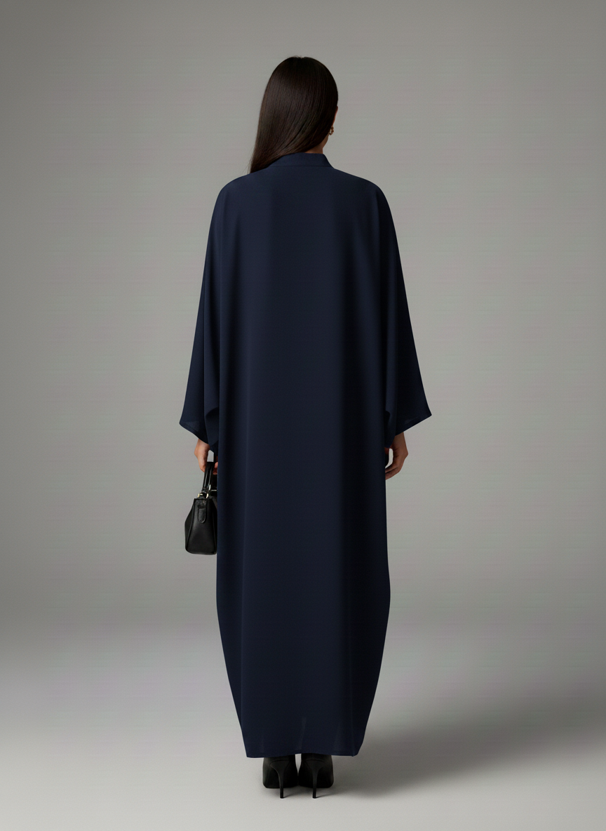 Signature Korean Nida Blue Open Abaya Minimalist High-Neck Design