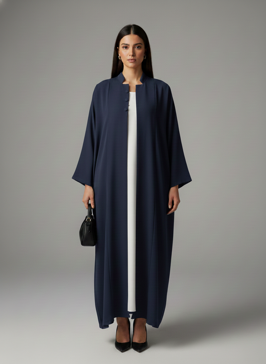 Signature Korean Nida Blue Open Abaya Minimalist High-Neck Design