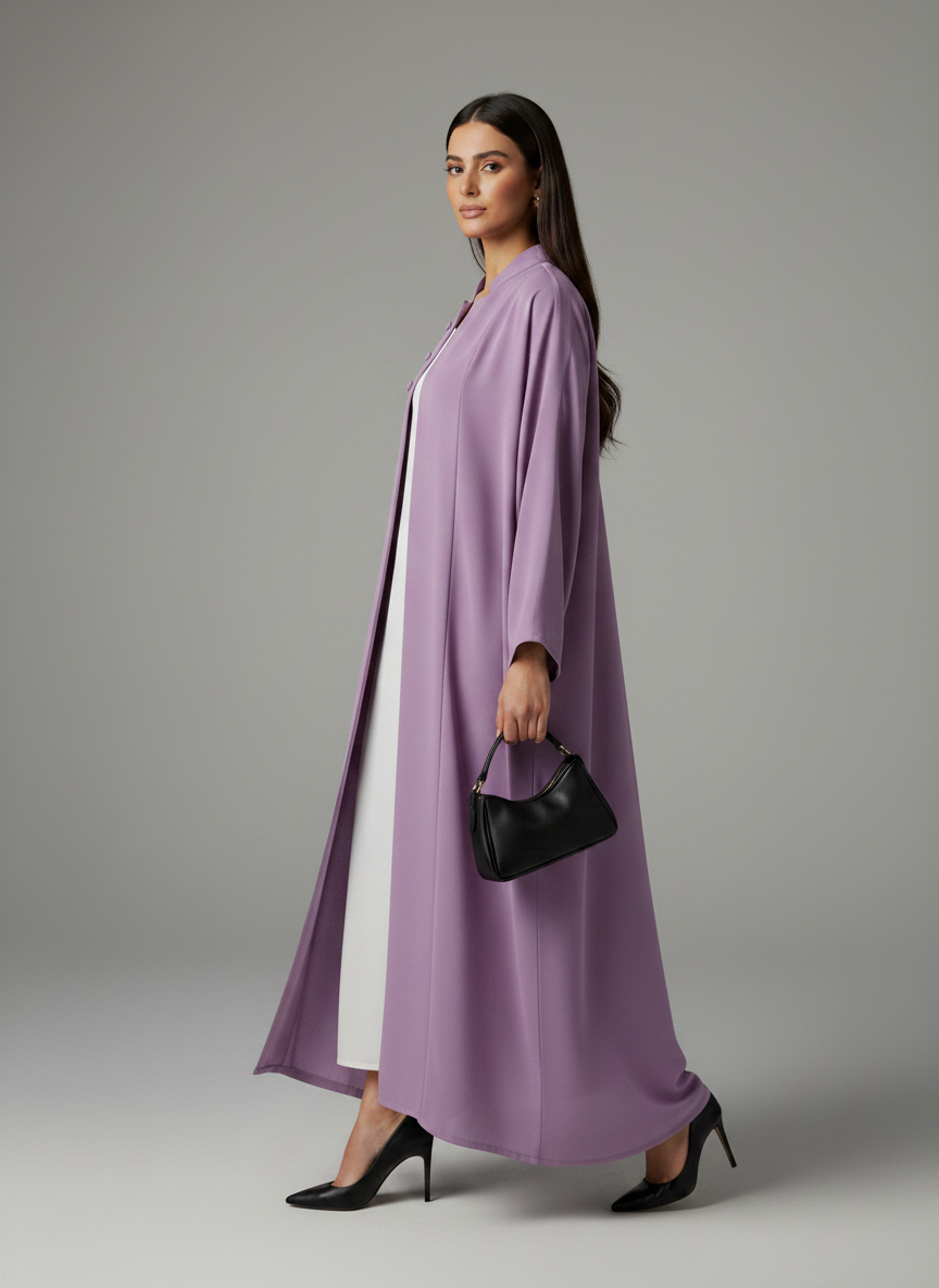 Signature Korean Nida Purple Open Abaya Minimalist High-Neck Design