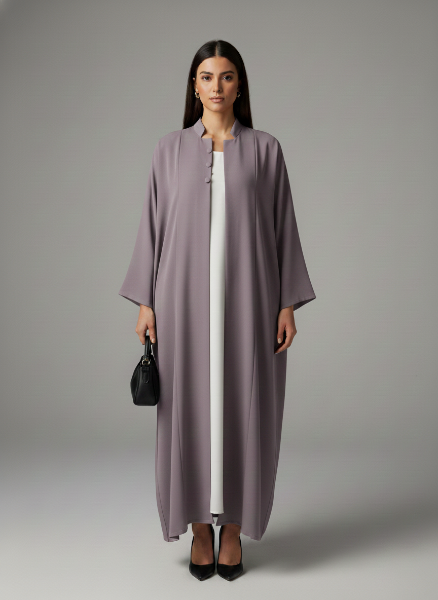 Signature Korean Nida Purple Open Abaya Minimalist High-Neck Design