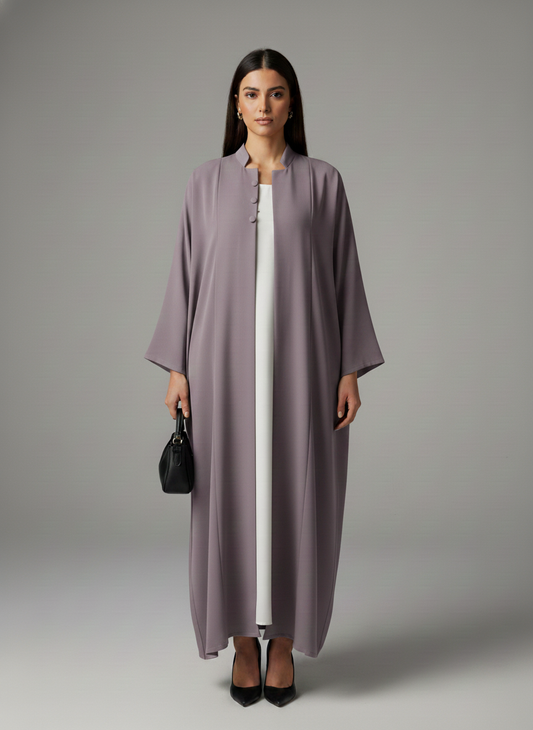 Signature Korean Nida Purple Open Abaya Minimalist High-Neck Design