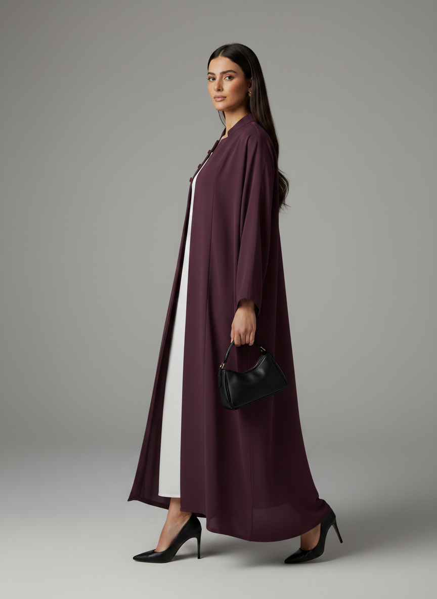 Signature Korean Nida Deep Plum Open Abaya Minimalist High-Neck Design