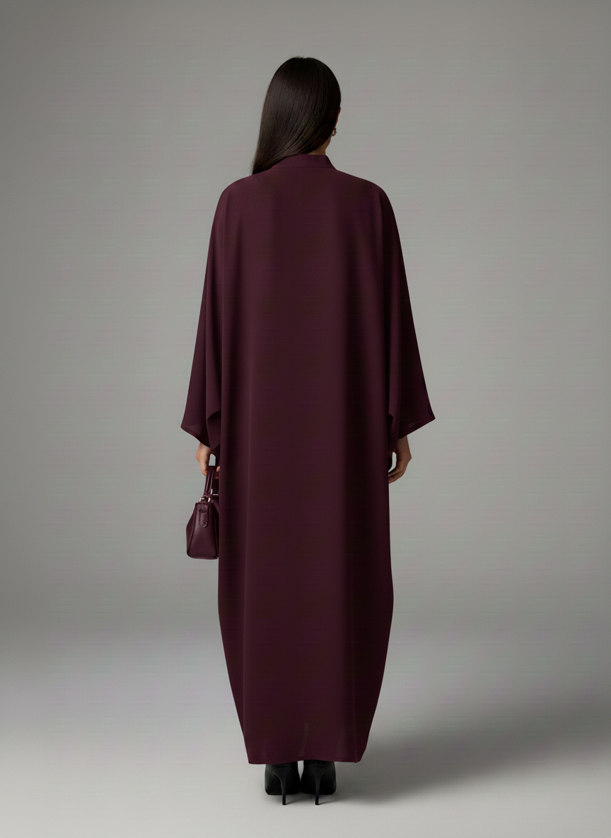 Signature Korean Nida Deep Plum Open Abaya Minimalist High-Neck Design