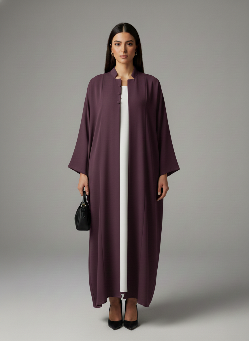 Signature Korean Nida Deep Plum Open Abaya Minimalist High-Neck Design