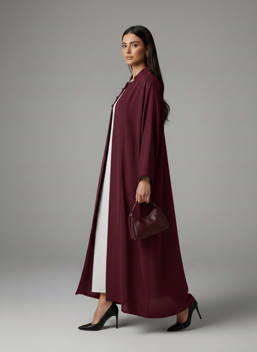 Signature Korean Nida Maroon Open Abaya Minimalist High-Neck Design