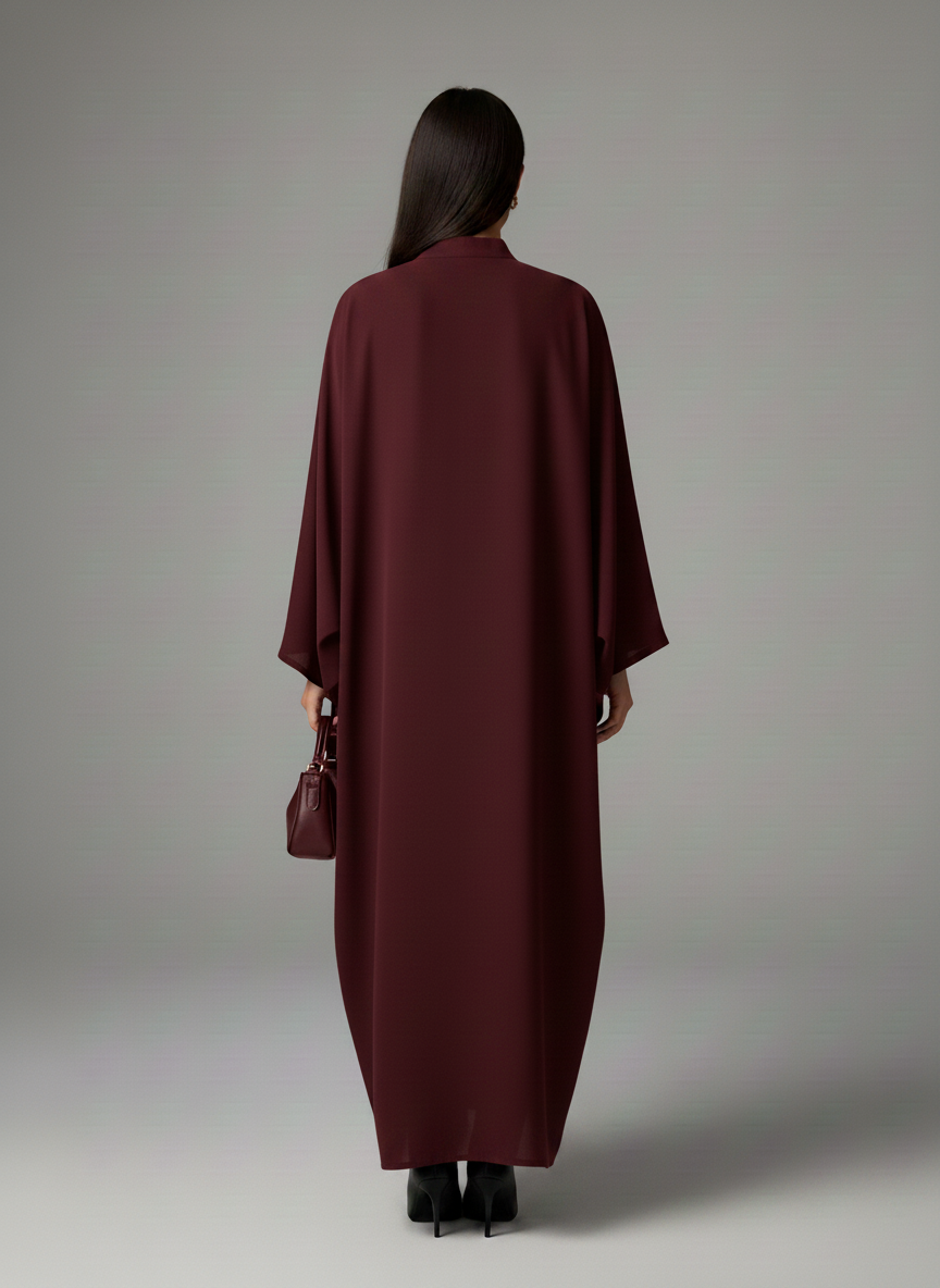 Signature Korean Nida Maroon Open Abaya Minimalist High-Neck Design