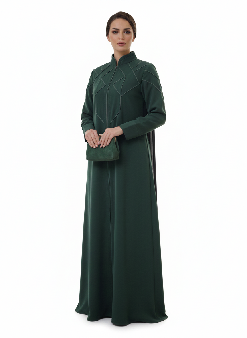 Geometric Panelled Design Green Abaya with Plain Chiffon Headscarf