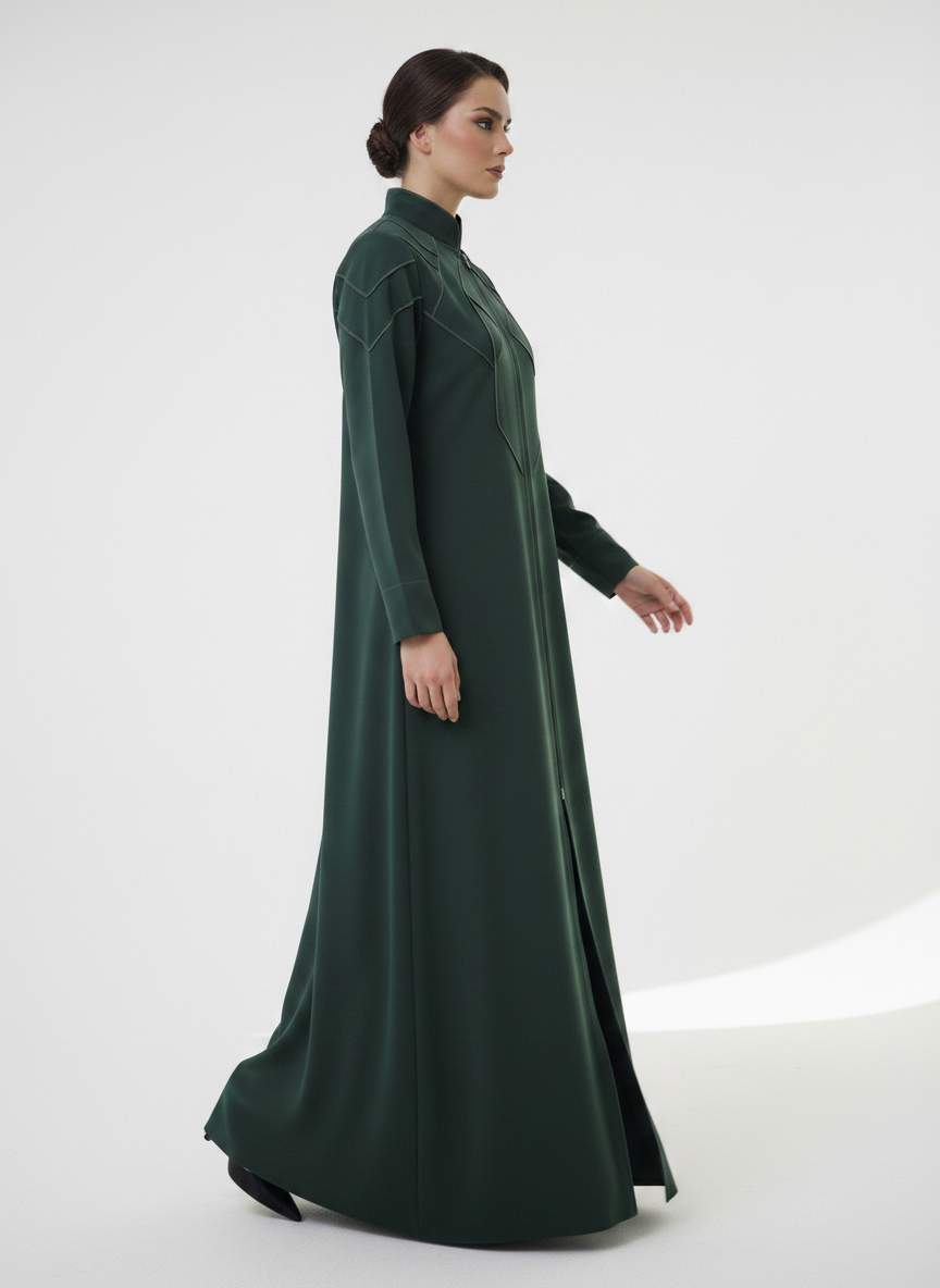 Geometric Panelled Design Green Abaya with Plain Chiffon Headscarf