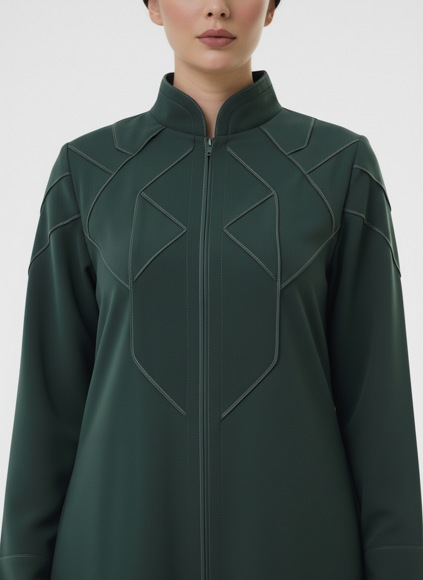 Geometric Panelled Design Green Abaya with Plain Chiffon Headscarf