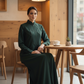 Geometric Panelled Design Green Abaya with Plain Chiffon Headscarf