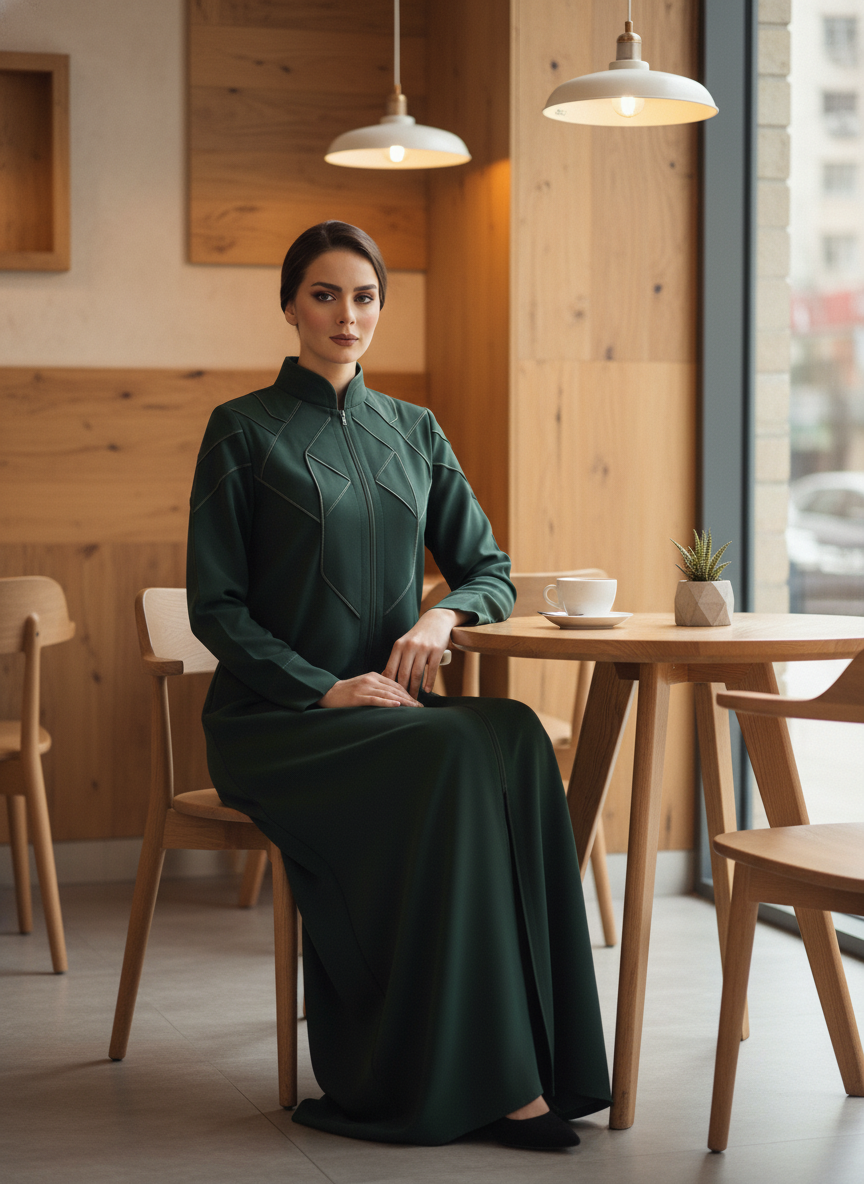 Geometric Panelled Design Green Abaya with Plain Chiffon Headscarf