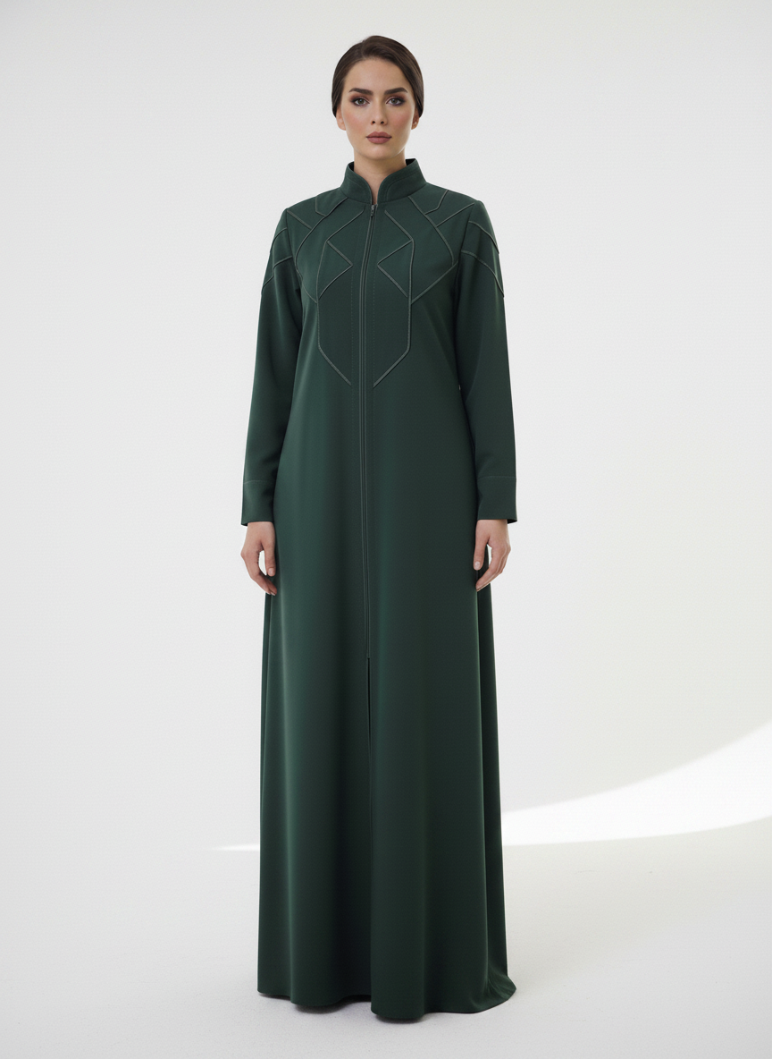 Geometric Panelled Design Green Abaya with Plain Chiffon Headscarf