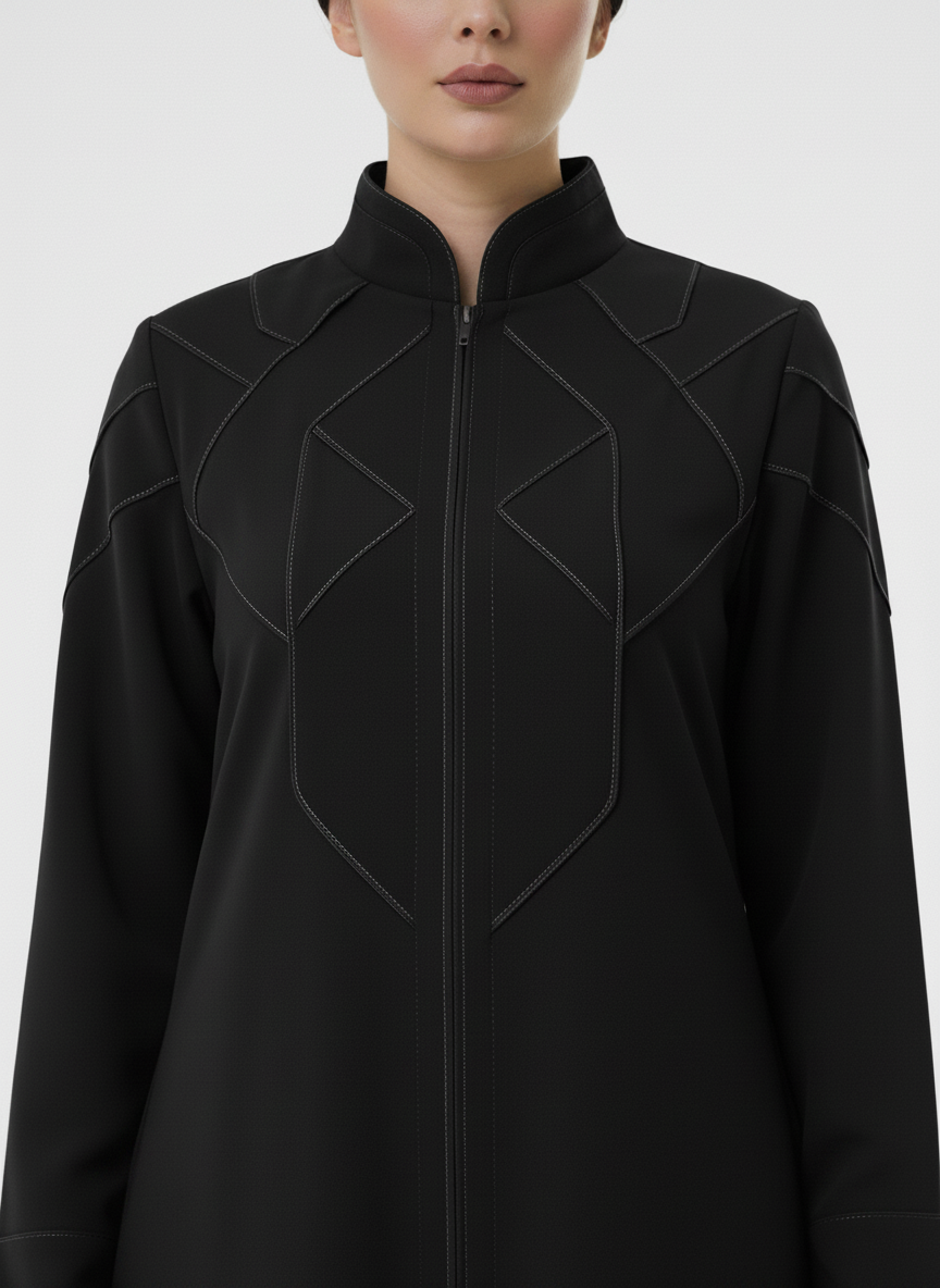 Geometric Panelled Design Black Abaya with Plain Chiffon Headscarf