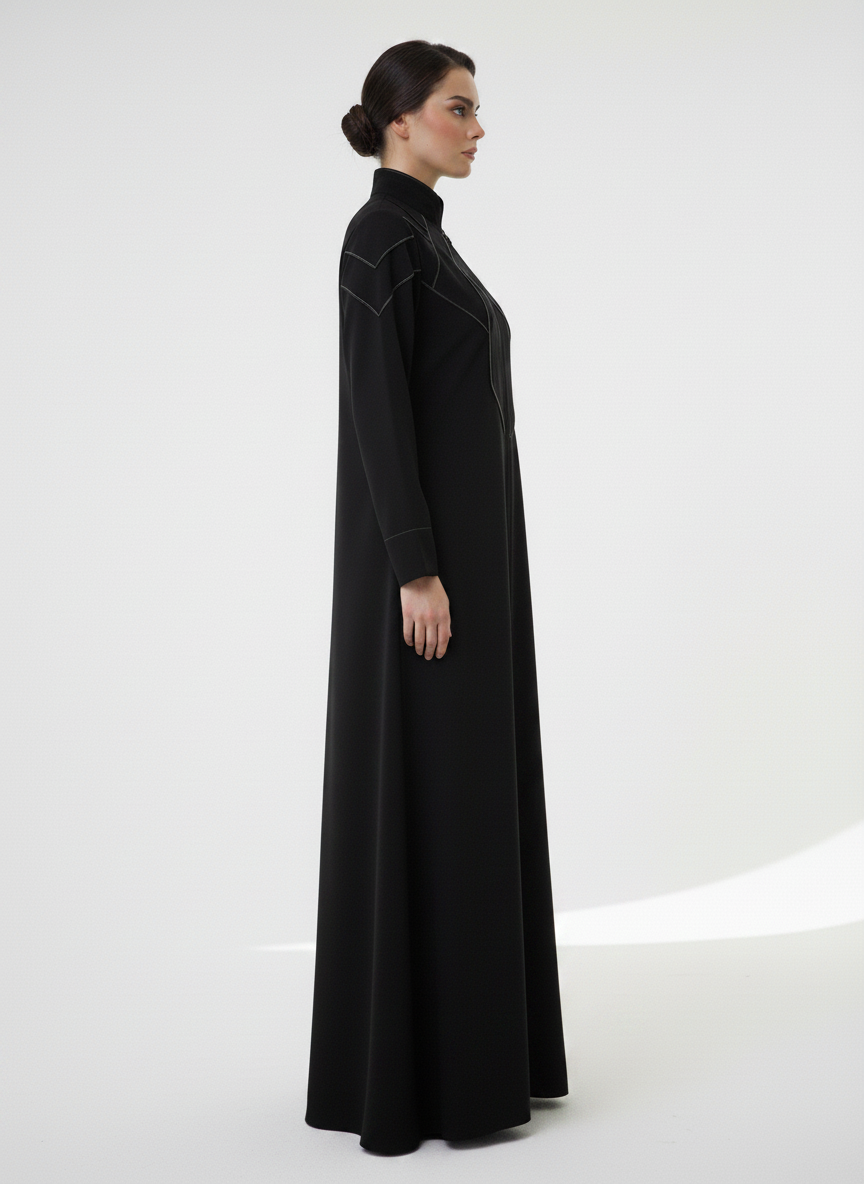Geometric Panelled Design Black Abaya with Plain Chiffon Headscarf