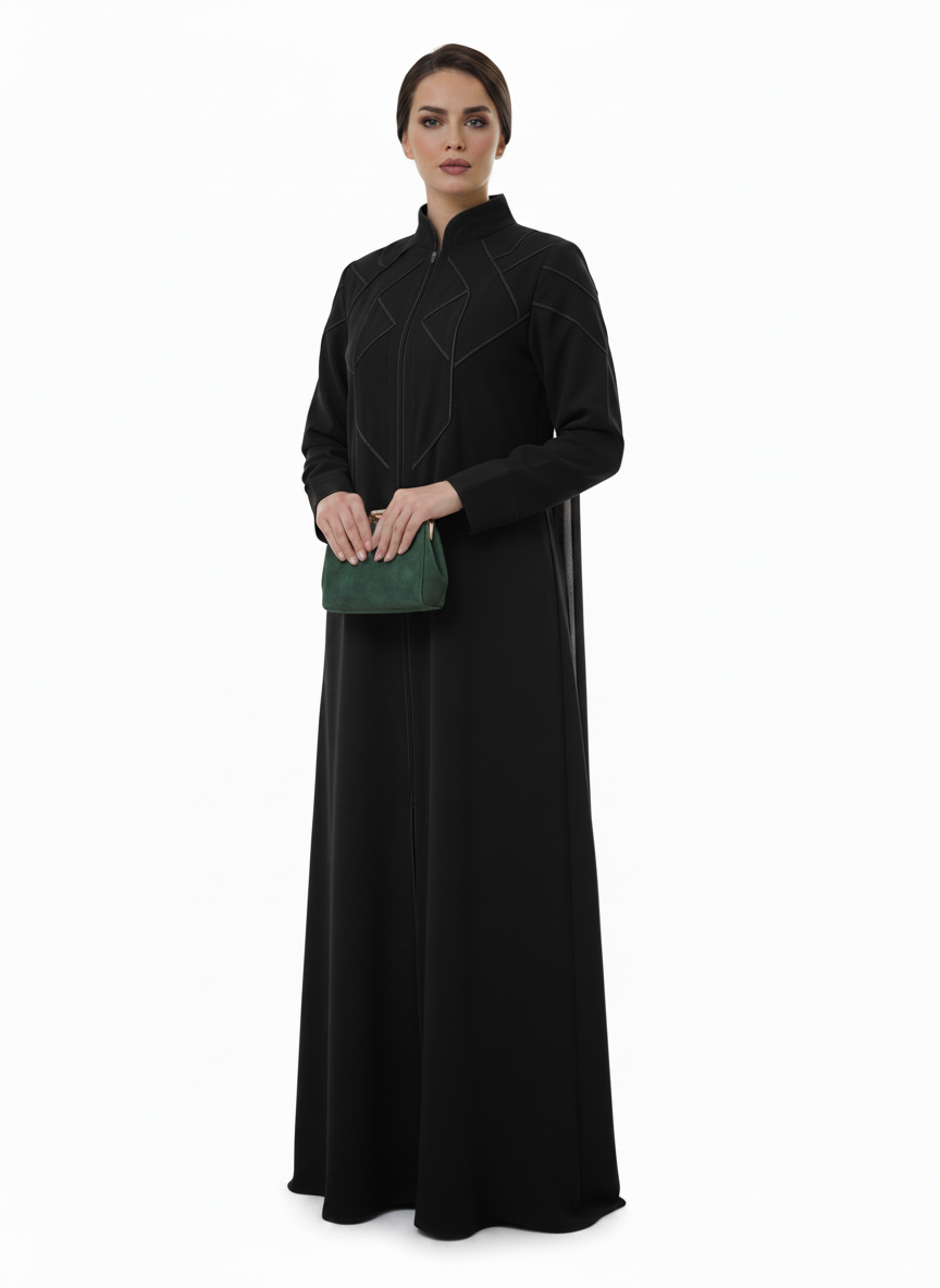 Geometric Panelled Design Black Abaya with Plain Chiffon Headscarf