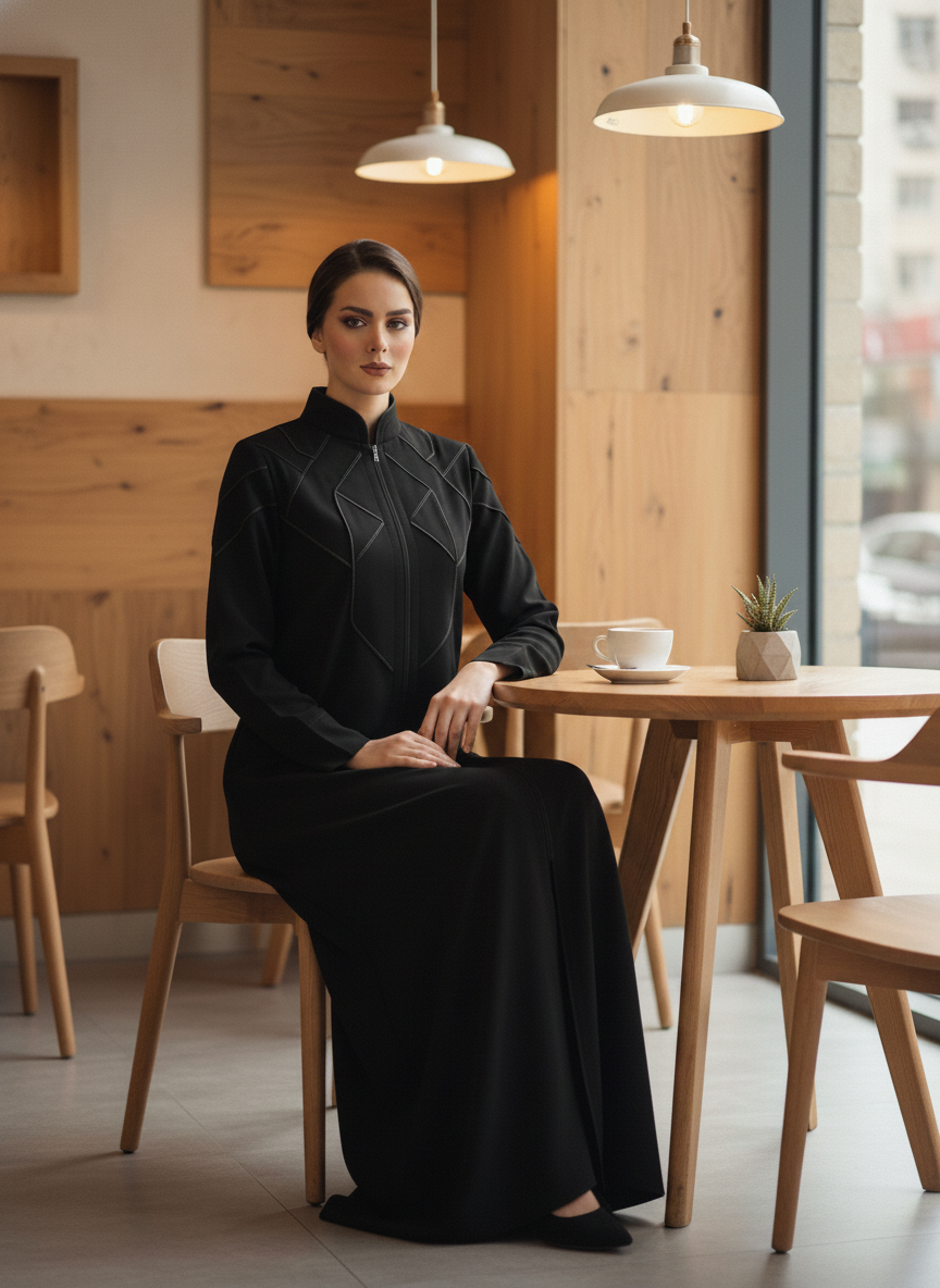 Geometric Panelled Design Black Abaya with Plain Chiffon Headscarf