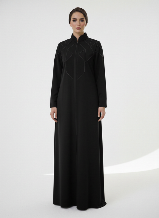 Geometric Panelled Design Black Abaya with Plain Chiffon Headscarf