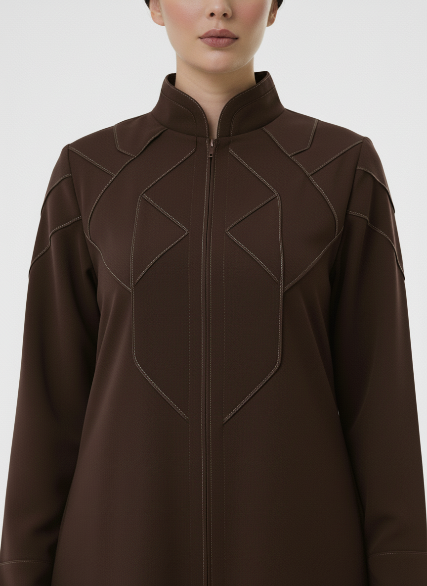 Geometric Panelled Design Brown Abaya with Plain Chiffon Headscarf