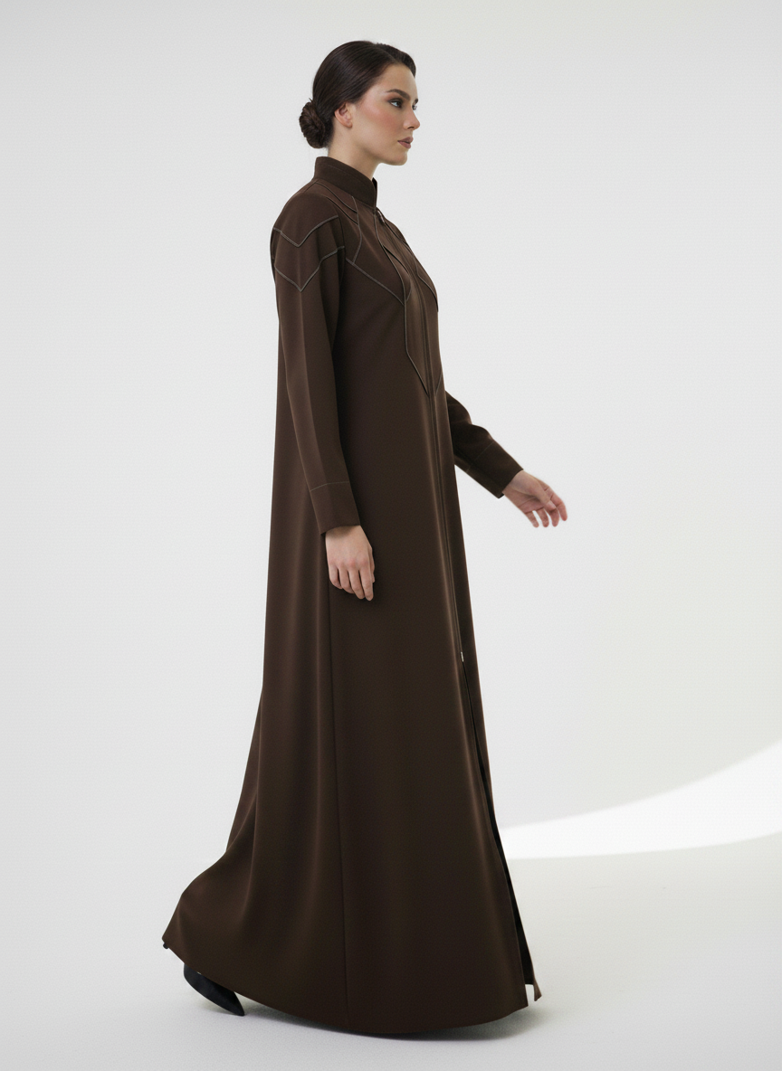 Geometric Panelled Design Brown Abaya with Plain Chiffon Headscarf
