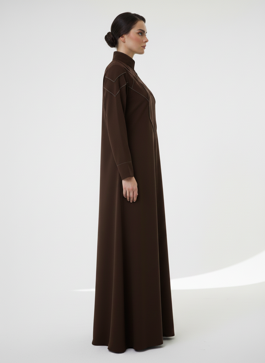 Geometric Panelled Design Brown Abaya with Plain Chiffon Headscarf