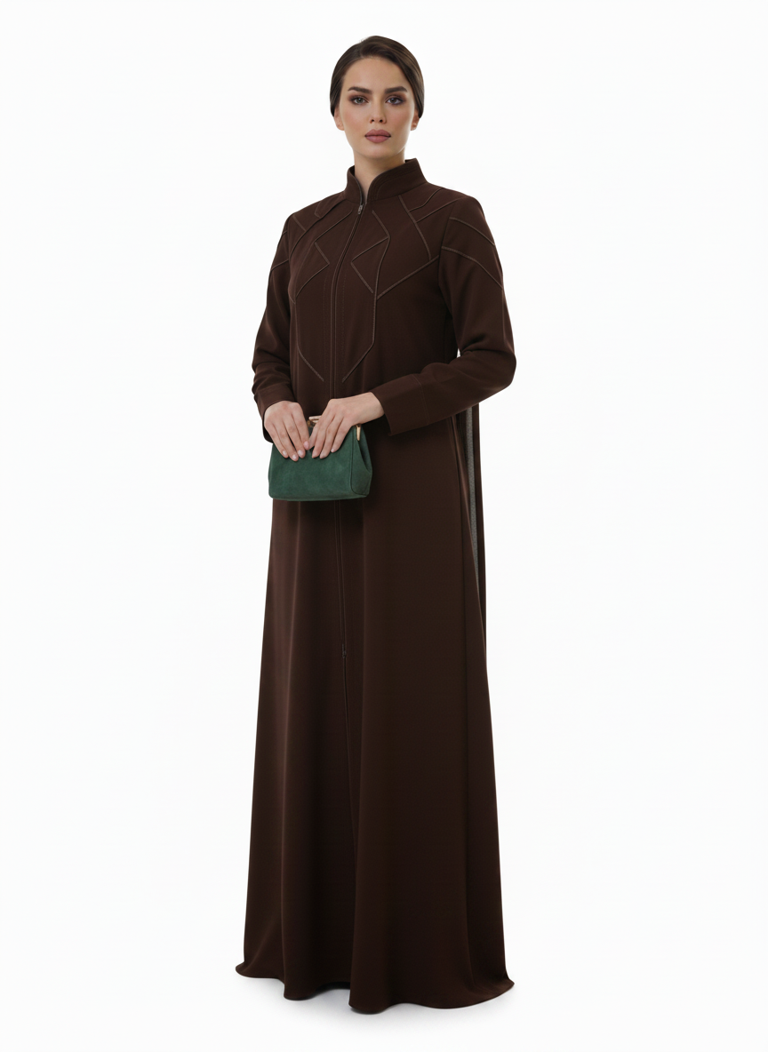 Geometric Panelled Design Brown Abaya with Plain Chiffon Headscarf