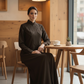 Geometric Panelled Design Brown Abaya with Plain Chiffon Headscarf