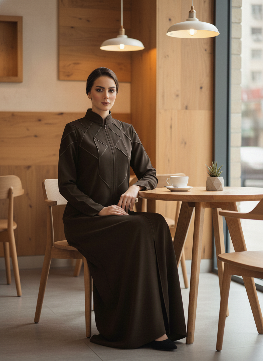 Geometric Panelled Design Brown Abaya with Plain Chiffon Headscarf