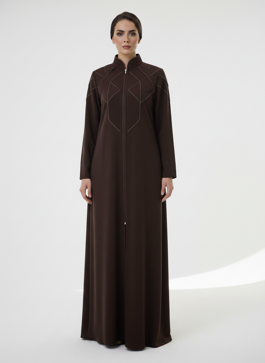 Geometric Panelled Design Brown Abaya with Plain Chiffon Headscarf