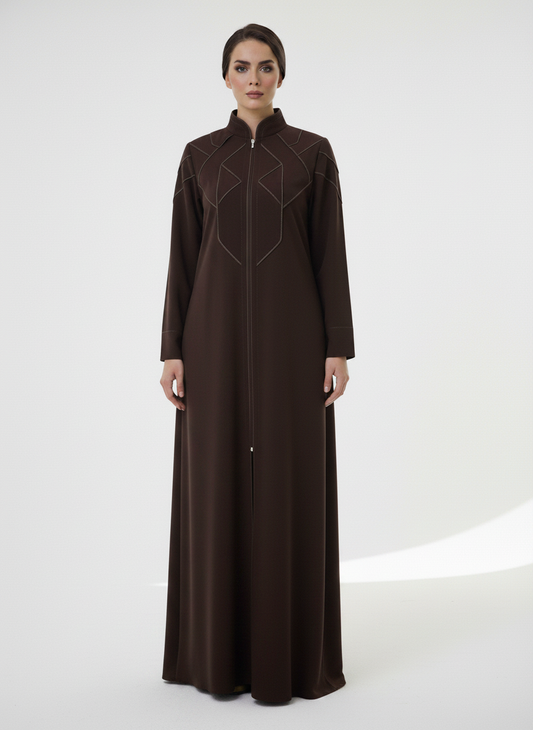 Geometric Panelled Design Brown Abaya with Plain Chiffon Headscarf