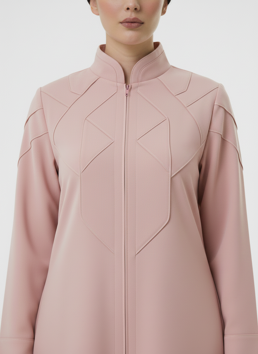 Geometric Panelled Design Pink Abaya with Plain Chiffon Headscarf