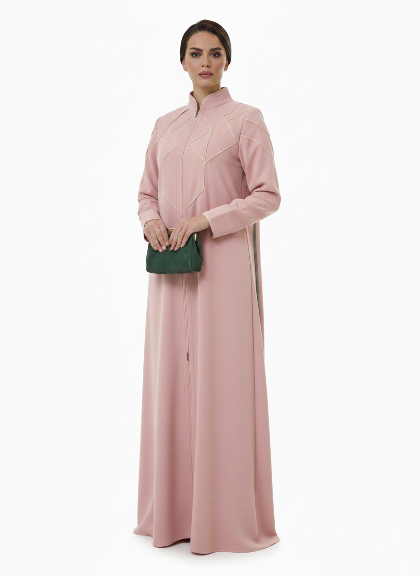 Geometric Panelled Design Pink Abaya with Plain Chiffon Headscarf