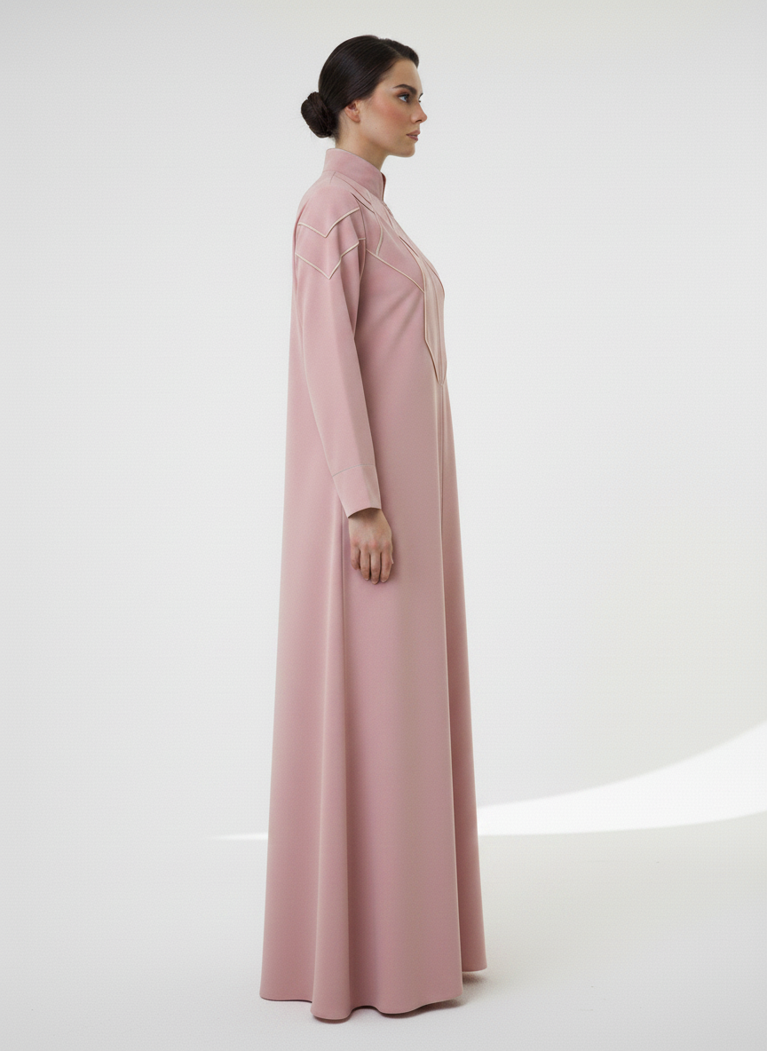 Geometric Panelled Design Pink Abaya with Plain Chiffon Headscarf