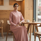 Geometric Panelled Design Pink Abaya with Plain Chiffon Headscarf
