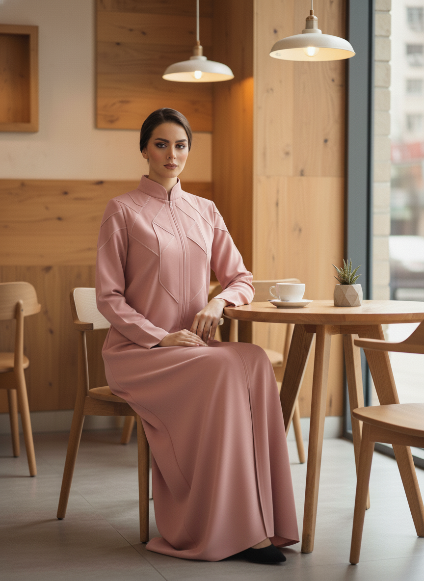 Geometric Panelled Design Pink Abaya with Plain Chiffon Headscarf