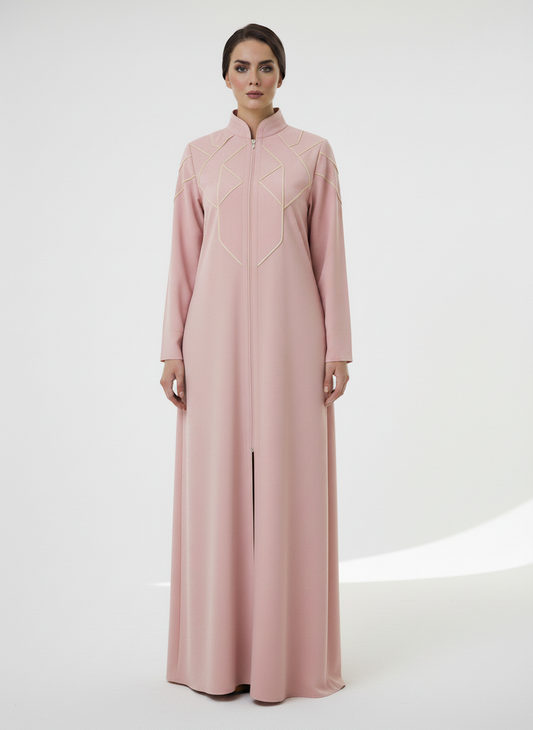 Geometric Panelled Design Pink Abaya with Plain Chiffon Headscarf