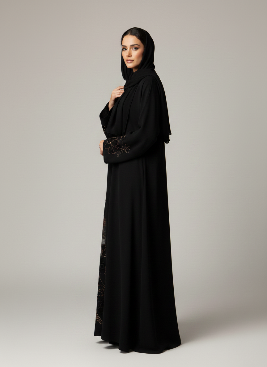 Premium Black Korean Nida Abaya – Elegant Handwork & Lace Floral Embroidery with Chiffon Headscarf