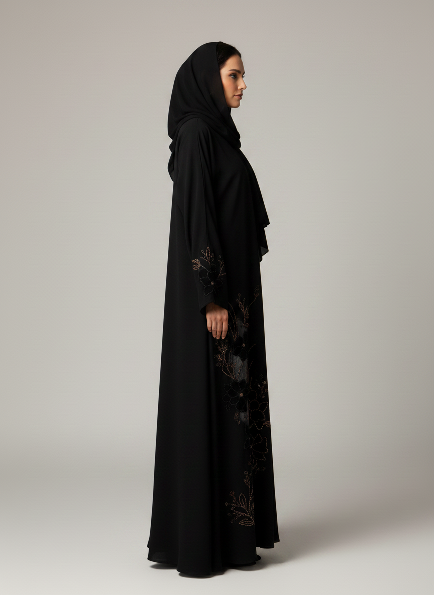 Premium Black Korean Nida Abaya – Elegant Handwork & Lace Floral Embroidery with Chiffon Headscarf