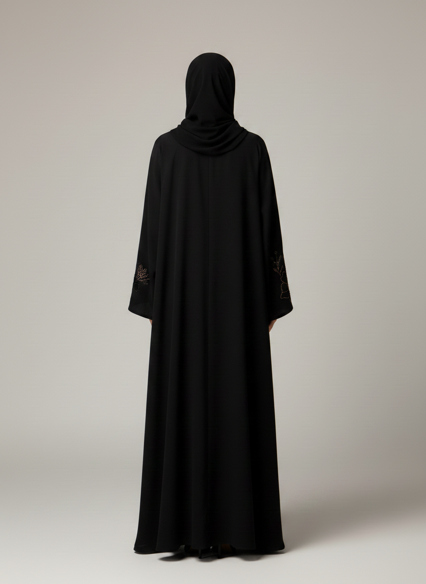 Premium Black Korean Nida Abaya – Elegant Handwork & Lace Floral Embroidery with Chiffon Headscarf